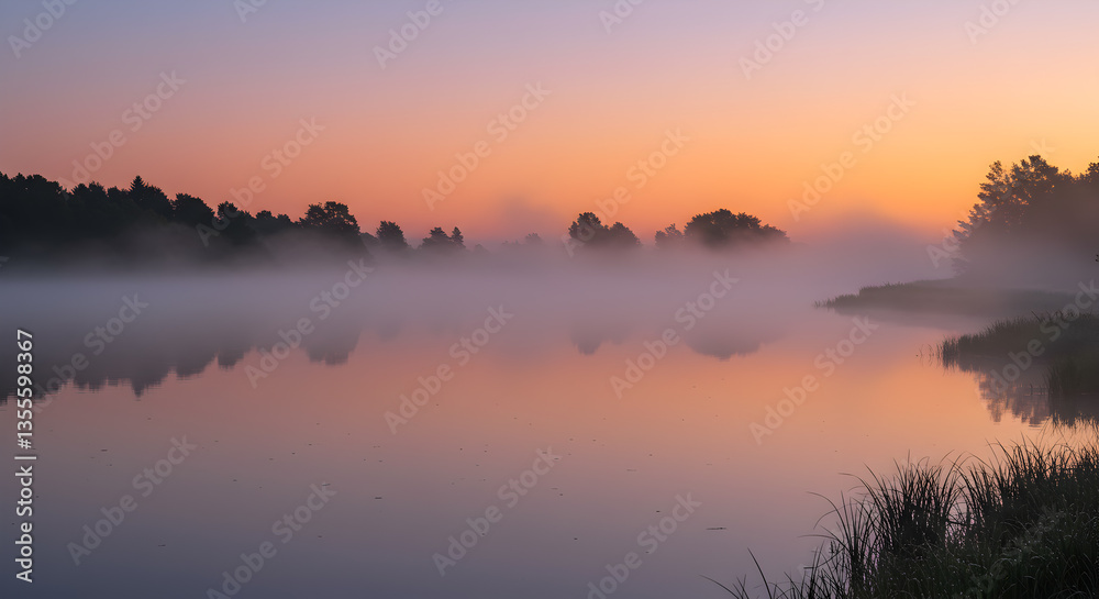 Fototapeta premium Serene Lake at Dawn with Foggy Reflections and Pastel Sky Colors Radiance