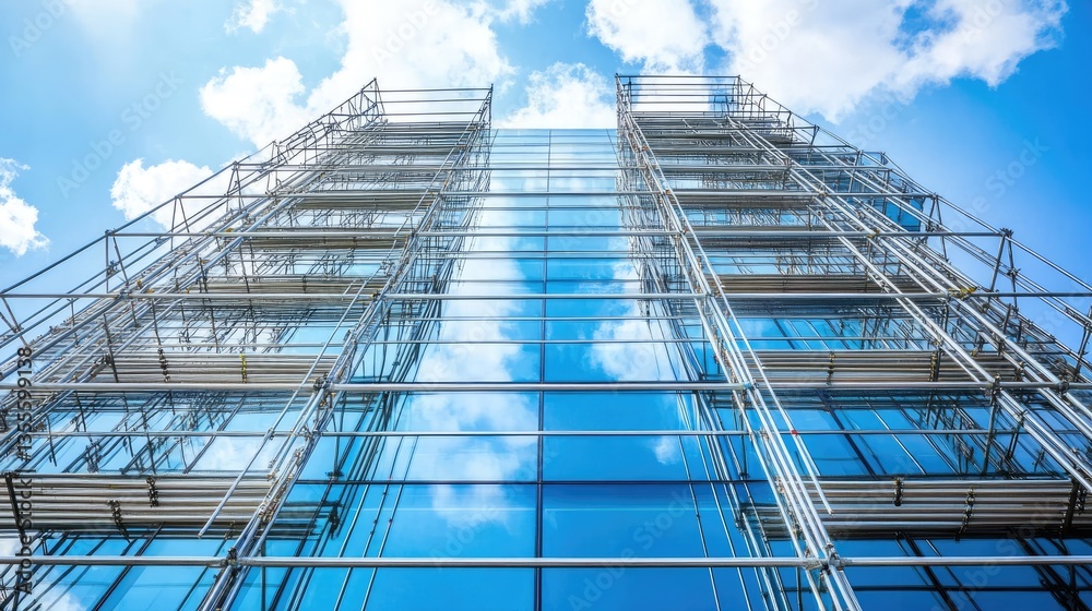 Obraz premium Large scaffolding structure covering a glass skyscraper, reflecting the blue sky and clouds.