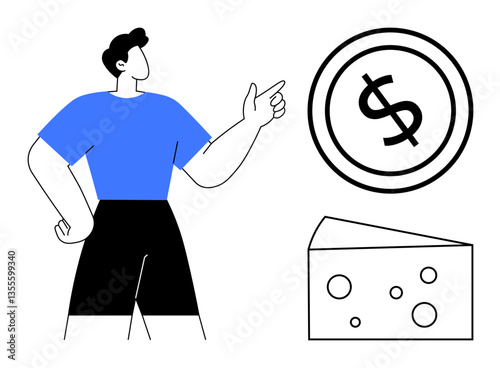 Confident person gestures towards a round dollar coin and a cheese wedge with holes. Ideal for finance, wealth, investment, food economy, budgeting, financial goals, flat simple metaphor
