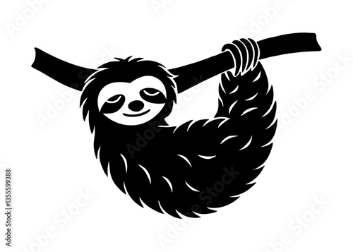 Lazy Sloth Silhouette on Branch: A minimalist black silhouette of a sloth hanging from a tree branch, offering a symbolic representation of relaxation, patience, and a tranquil lifestyle.