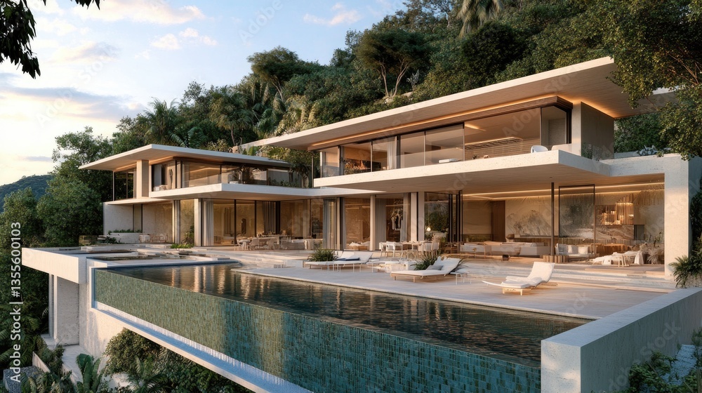 Fototapeta premium Luxurious beachfront real estate development with modern villas overlooking the ocean.