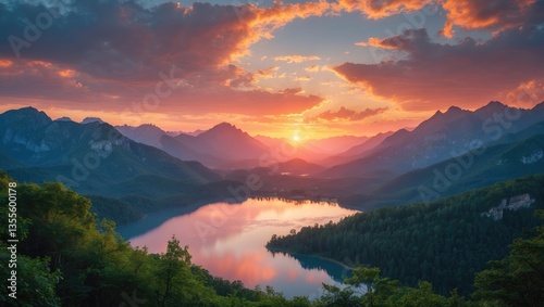 Fototapeta Naklejka Na Ścianę i Meble -  Stunning view of the sunset over the mountain range during golden hour.