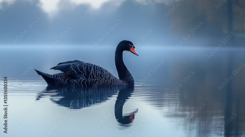 Obraz premium Black swan swims on misty lake at dawn, reflection visible