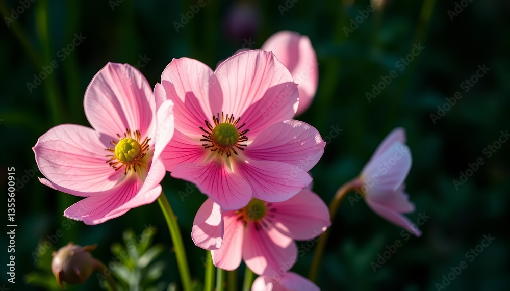 Delicate pink anemones unfurl in soft morning light, dew-kissed petals against vibrant green , texture, vibrant Delicate pink anemones unfurl in soft morning light, dew-kissed petals against vibrant green , texture, vibrant