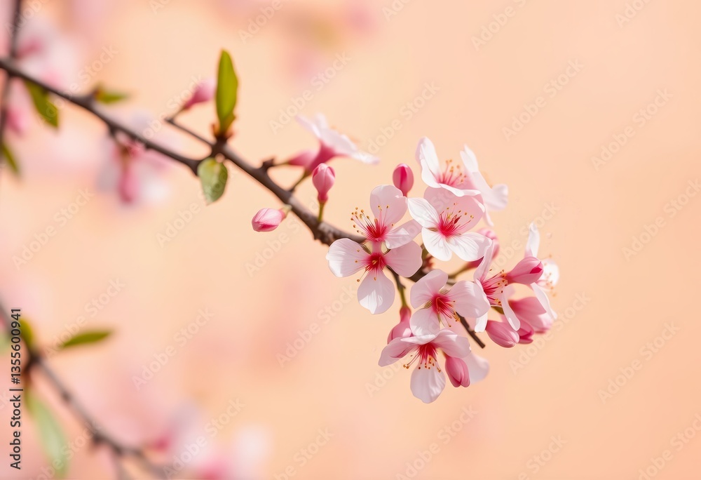 Obraz premium Delicate pink blossoms against a soft peach spring backdrop, outdoor, floral design