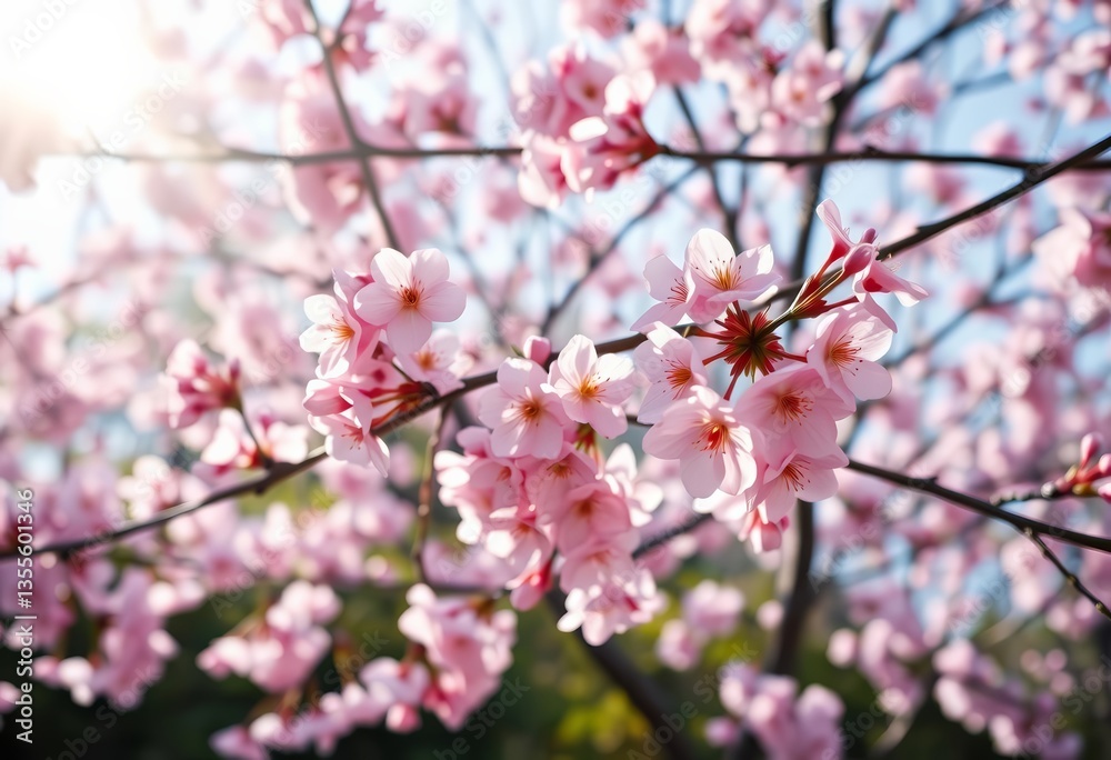 Delicate pink cherry blossoms in full bloom, sunlight filtering through branches, creating a serene spring garden scene, illustration, blossom Delicate pink cherry blossoms in full bloom, sunlight filtering through branches, creating a serene spring garden scene, illustration, blossom
