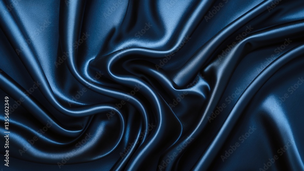Fototapeta premium Black blue abstract backdrop. Dark blue silk satin material. Stunning wavy soft folds on the fabric's surface. Elegant background with space for your design. Web banner.