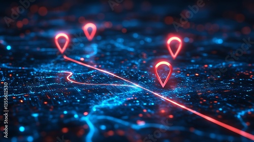 Abstract digital map pins on a blue background with glowing path lines, a technology location icon or banner design for site mapping.