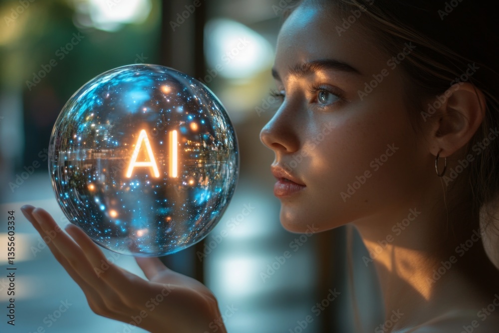 Naklejka premium A young woman holds a luminous orb illustrating AI, her contemplative gaze reflecting the glowing light, set against a softly illuminated background Generative AI