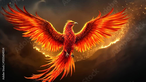 Phoenix's Majestic Ascent: A magnificent phoenix rises triumphantly, its vibrant, fiery plumage ablaze against a dramatic, mystical backdrop. Capture the essence of renewal, strength.