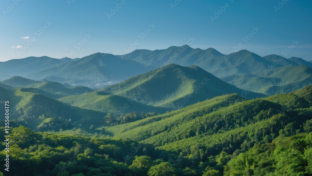 Fototapeta premium Beautiful natural scenery of mountainous forests. Rainforest ecosystem, forested hills. Tropical green forest landscape. Travel photo, no person present.