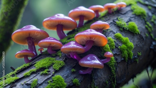 A peculiar purple mushroom flourishing on a tree trunk. photo