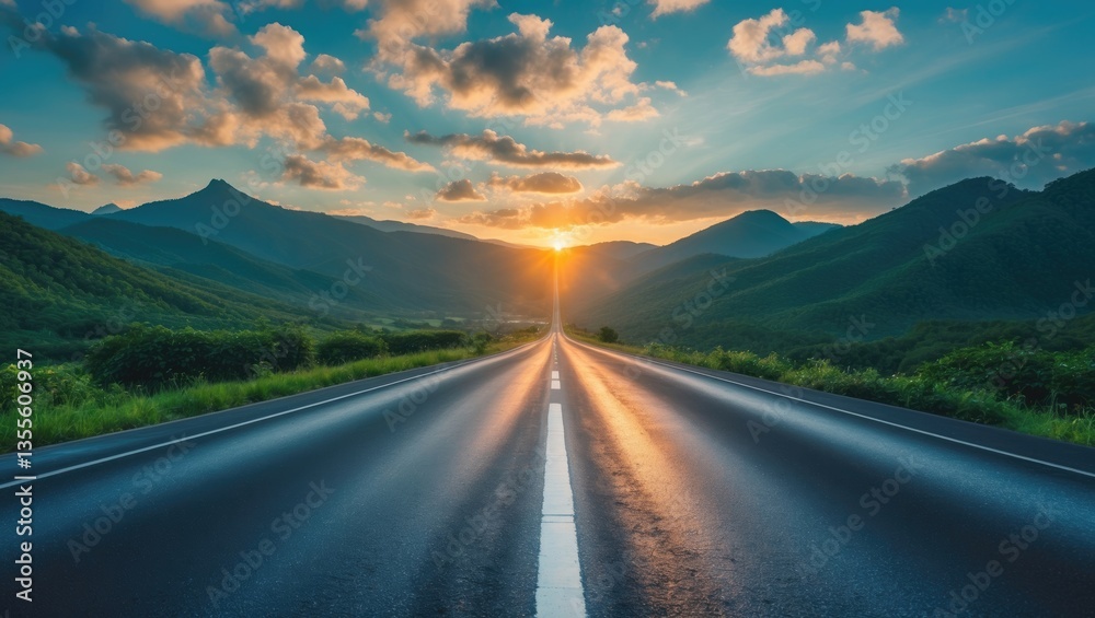Naklejka premium Asphalt road stretching through green mountains under a sky filled with clouds at sunset.