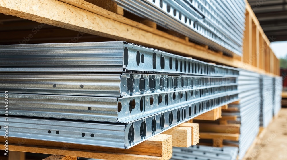 Fototapeta premium Rows of metal studs and framing channels stacked on wooden pallets, showcasing essential materials for drywall and partitions.