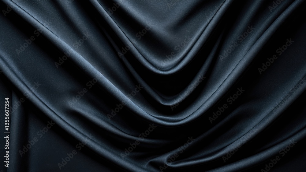 Fototapeta premium Black fabric wave or curtain. Abstract luxury background with isolated space and room for text.