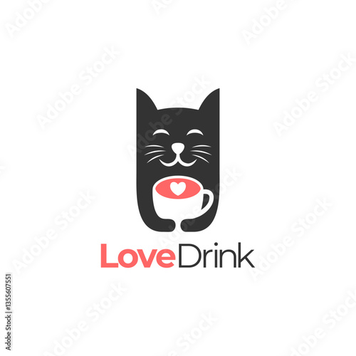 Love drink logo design vector. Black cat holding cup love icon vector illustration. Cup sweet cat logo vector. milk, coffee, cafe, tea, vanilla, strawberry, taste, store, shop. Vector illustration.