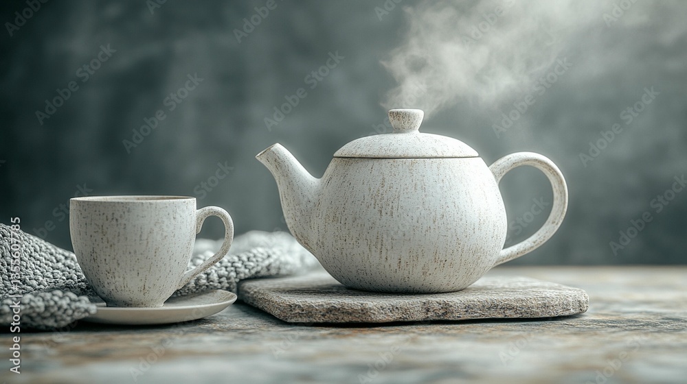 Steaming teapot and cup on rustic wood. Steaming teapot and cup on rustic wood.