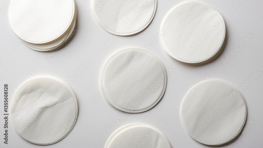 A collection of blank white round adhesive paper sticker labels isolated on a background. A collection of blank white round adhesive paper sticker labels isolated on a background.
