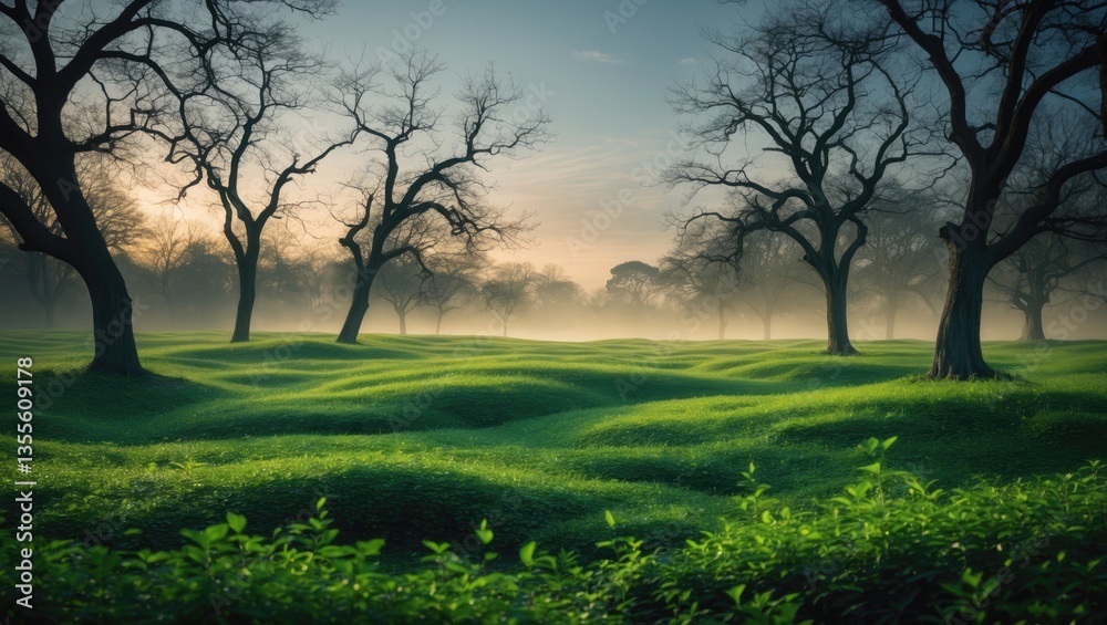 A tranquil evening scene featuring bushy nature, bare trees, and vibrant grass, gently illuminated by the fading ambient light, fostering a serene and natural ambiance. A tranquil evening scene featuring bushy nature, bare trees, and vibrant grass, gently illuminated by the fading ambient light, fostering a serene and natural ambiance.