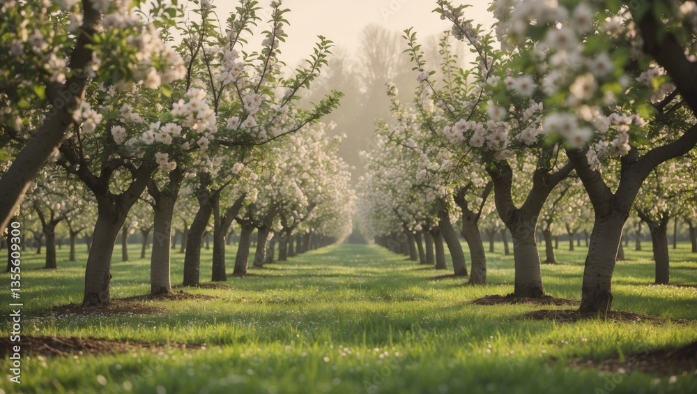 Naklejka premium Blossoming apple orchard during springtime. Retro filter applied. Beauty in nature.