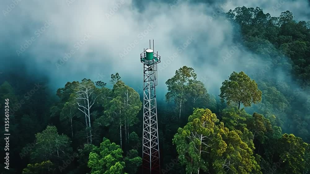 Towering Above the Canopy: An aerial perspective captures a communication tower rising above a dense, lush forest, partially obscured by a layer of mist or fog.