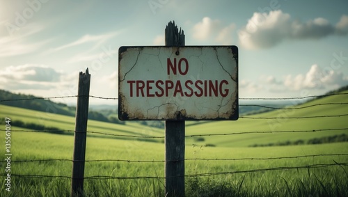 A sign indicating no trespassing in a field