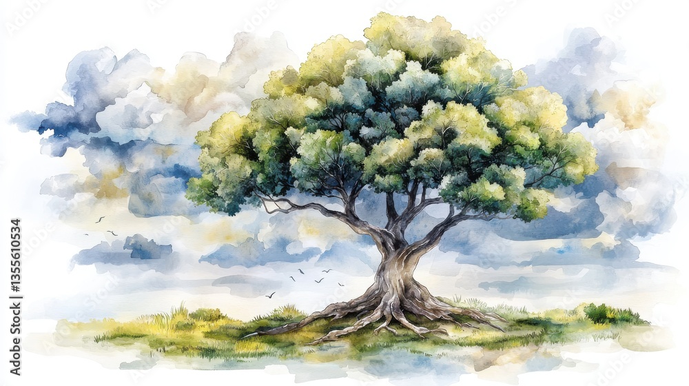 A towering lush tree stands prominently in a picturesque outdoor setting surrounded by a verdant field and a cloudy blue sky A towering lush tree stands prominently in a picturesque outdoor setting surrounded by a verdant field and a cloudy blue sky