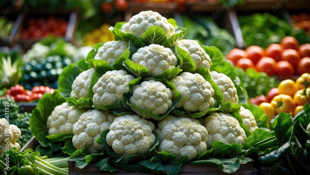 Fototapeta premium A close-up view of a white cauliflower head, showcasing its densely packed florets and textured surface, encircled by vibrant green leaves, emphasizing its freshness and natural appeal.