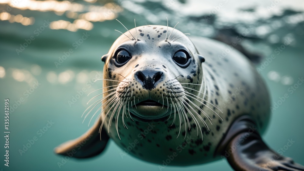 Fototapeta premium A Harbour seal gazing directly at the camera while submerged in the water.