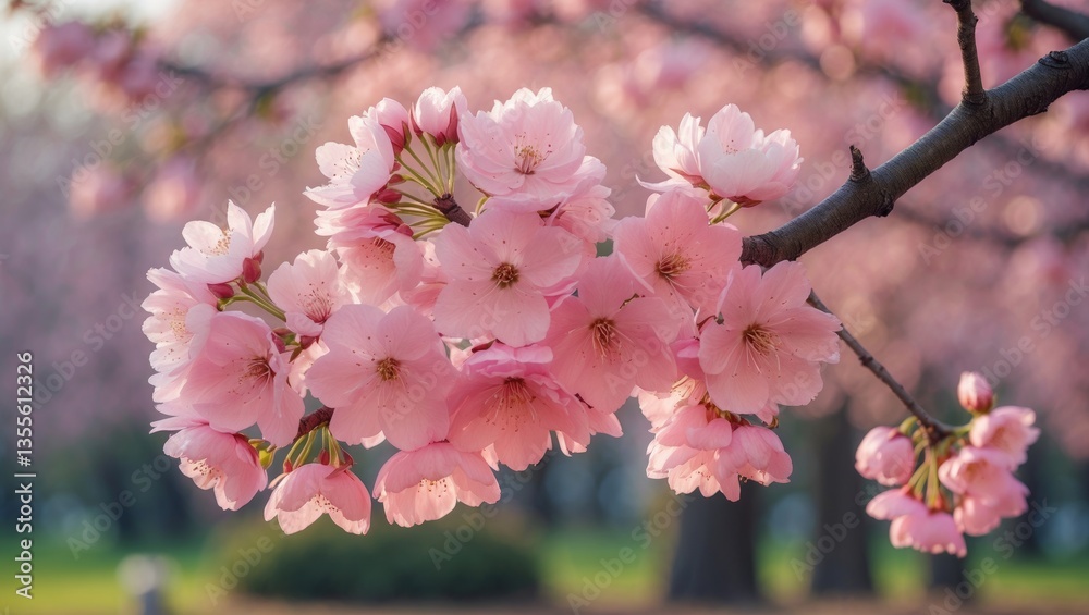 Obraz premium A cluster of soft pink blossoms decorates a tree branch, highlighting beauty. The delicate pink petals are in full bloom, offering a gentle contrast against the blurred backdrop.