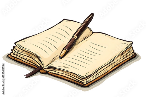 Open notebook with a pen on a white background