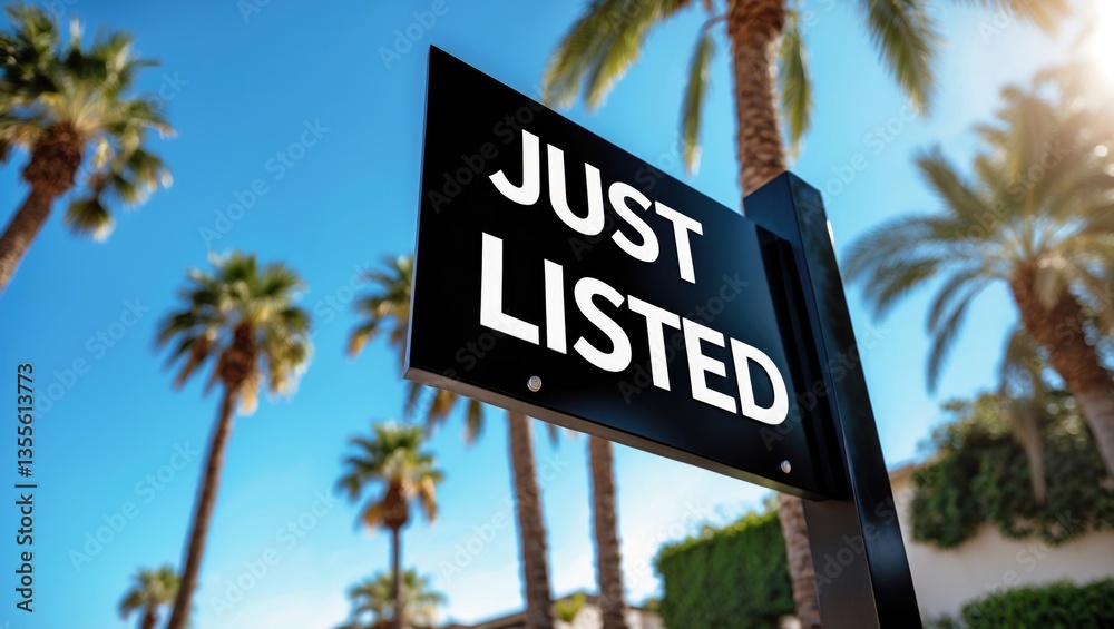 Fototapeta premium A black realtor sign featuring white letters promoting a new home listing.