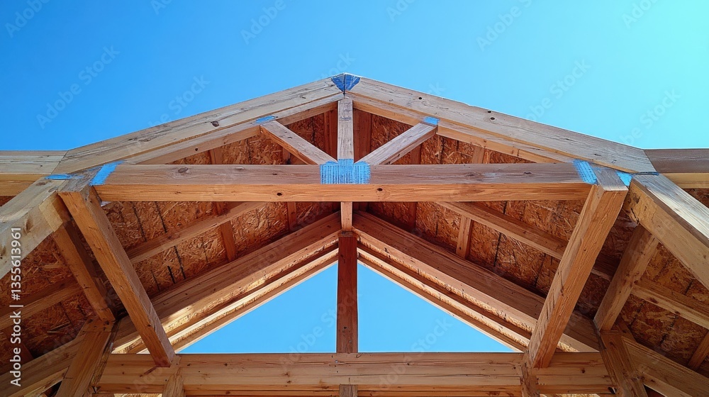 Fototapeta premium Wooden house framework under construction with exposed beams and trusses, set against a clear blue sky.