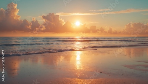 A golden sunrise above a sandy beach, with gentle waves crashing and the horizon shining with warm, radiant light.