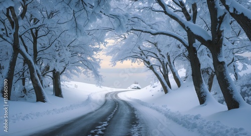 A picturesque vista of the road that winds beneath tree branches. Tranquility and serenity dominate this scene.