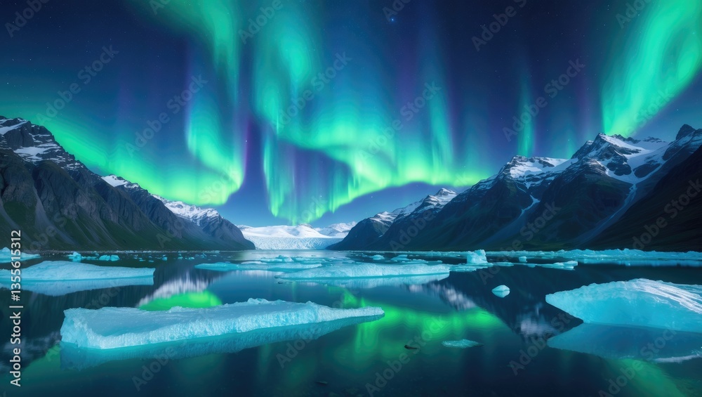 Naklejka premium A stunning view of glaciers and icebergs glowing under a magnificent aurora borealis in the night sky.