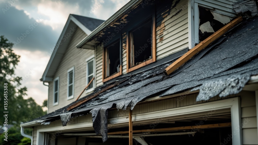 A detailed view of a garage roof, showing the marks of recent accidental fire damage, effectively put out by firefighters.