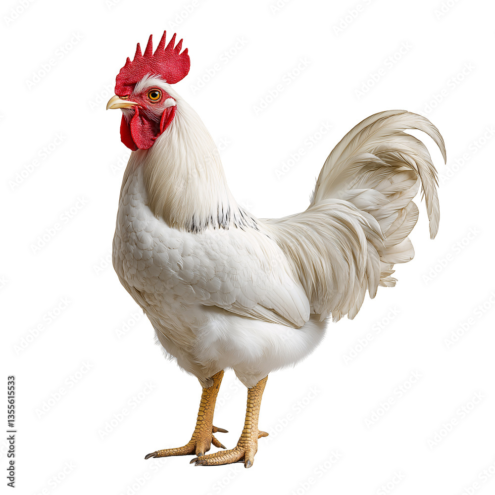 Fototapeta premium Colorful White Rooster on a Farm: A Vibrant Icon of Poultry Farming and Organic Agriculture