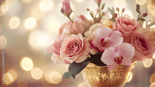 Beautiful floral arrangement in a gold vase with soft bokeh background