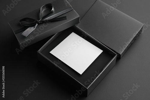 Opened black gift box with blank card, showcasing presentation