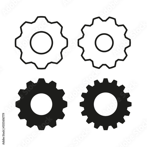 Gear icon set. Black cogwheels design. Industrial machine parts. Vector mechanical symbol.