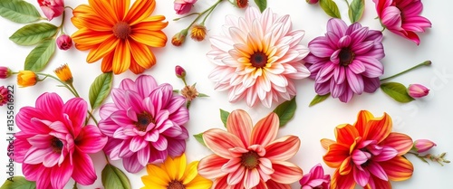 Elegant floral wallpaper featuring vividly colored blooms on a crisp white background, floral background, illustration