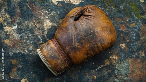 A close-up of a single boxing glove with a worn texture resting on a rugged table