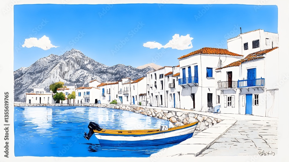 Fototapeta premium Bright Sunny Day in a Picturesque Coastal Village with White Houses and Blue Sea