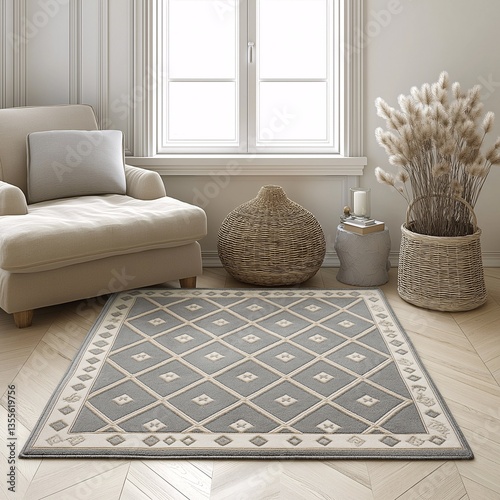 Cozy Modern Living Room Interior Design with Neutral Colors and Geometric Rug Pattern