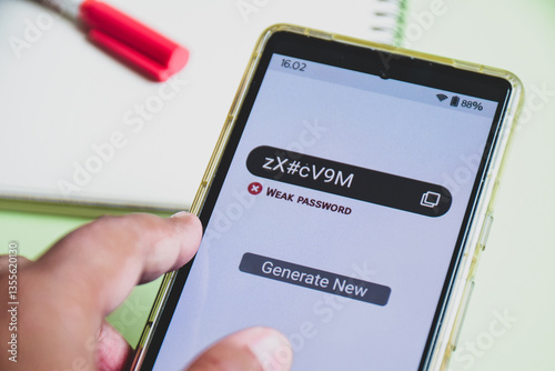 Woman using mobile applications to generate password online to secure her credentials. Protection from cyber threats identity theft concept. Weak password, alphanumeric characters. Selective focus.