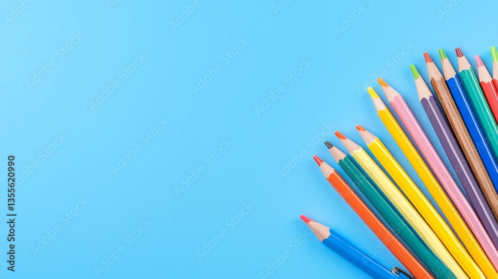 Fototapeta premium Brightly Colored Pencils on Light Blue Background