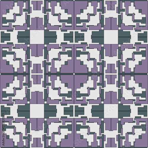 Geometric pattern with purple and dark green shapes, symmetrical design, intricate details, modern aesthetic, suitable for wallpapers, textiles, and digital backgrounds, vector illustration