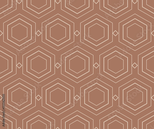 Hexagon motif, warm brown palette, stylish decor, repeating design, perfect for interior design, fashion prints, graphic design, elegant lines, balanced composition, sophisticated look. Vector