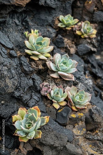 Succulents flourish in dry regions, whereas lava formations shape distinct terrains.